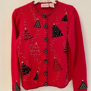 “Ugly” Christmas sweater. Basic editions size S. Button up, Xmas tree design 90s